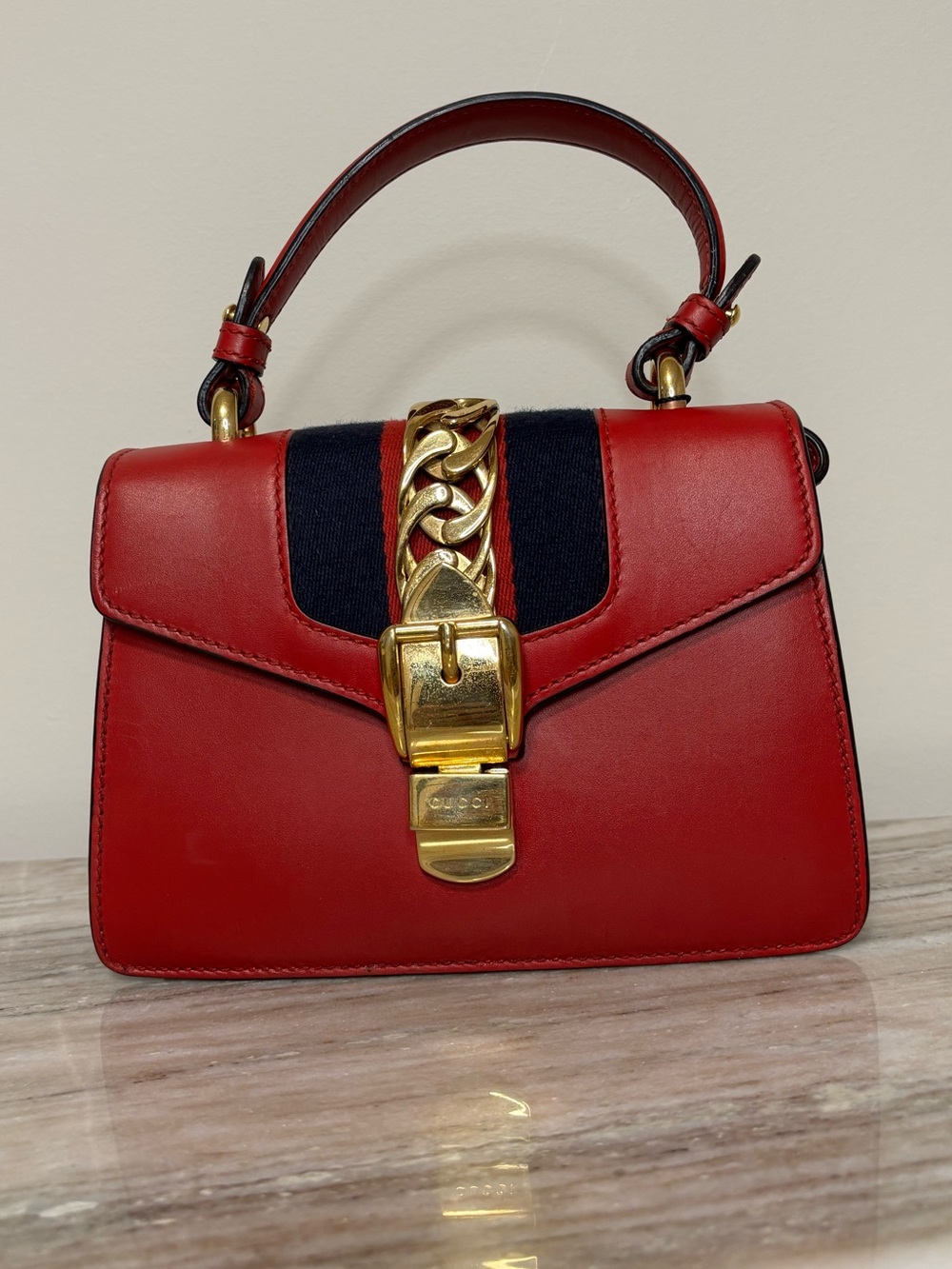 Gucci Sylvie Mini Top Handle Bag Red Leather Web Stripe Gold Chain Crossbody IT